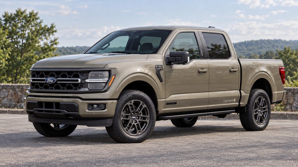 A tan Ford F-150 Carhartt crew-cab pickup parked beside a stone wall with hills behind.