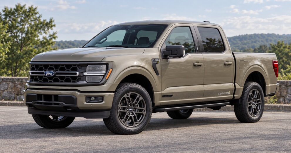 A tan Ford F-150 Carhartt crew-cab pickup parked beside a stone wall with hills behind.