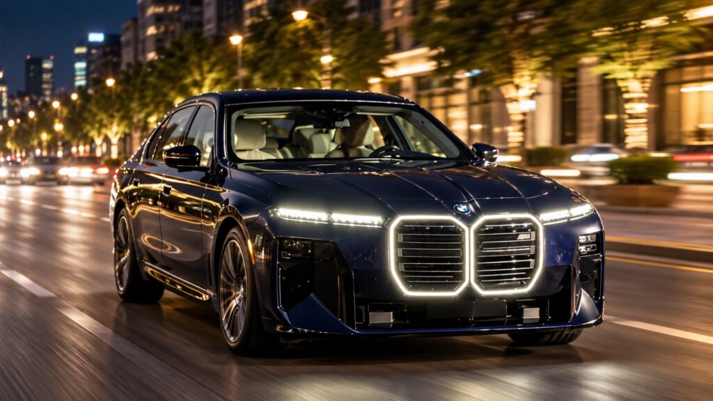 Dark blue BMW 7 Series luxury sedan driving on a city boulevard at night