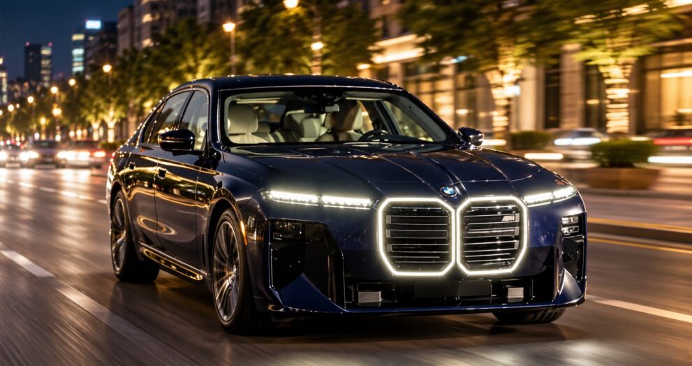 Dark blue BMW 7 Series luxury sedan driving on a city boulevard at night