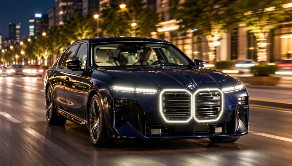 Dark blue BMW 7 Series luxury sedan driving on a city boulevard at night