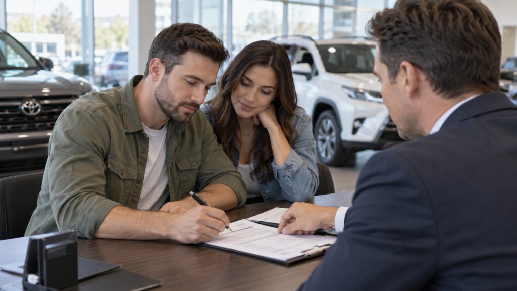 Couple reviewing and signing car purchase paperwork with a dealer.