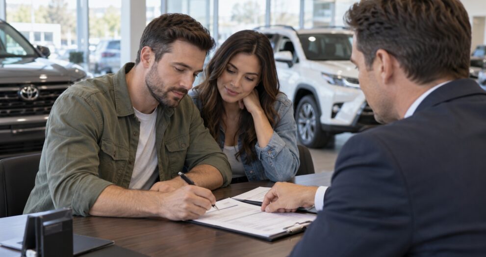 Couple reviewing and signing car purchase paperwork with a dealer.