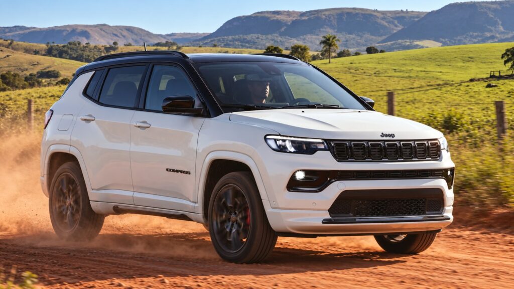 White Jeep Compass SUV with a black roof driving on a red dirt road through green hills