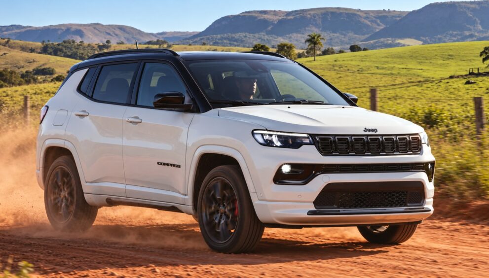 White Jeep Compass SUV with a black roof driving on a red dirt road through green hills